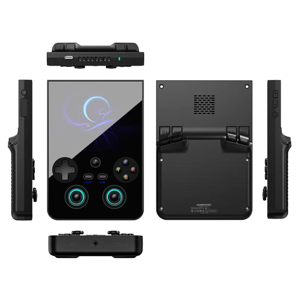 Gaming console with controller from multiple angles on a white background