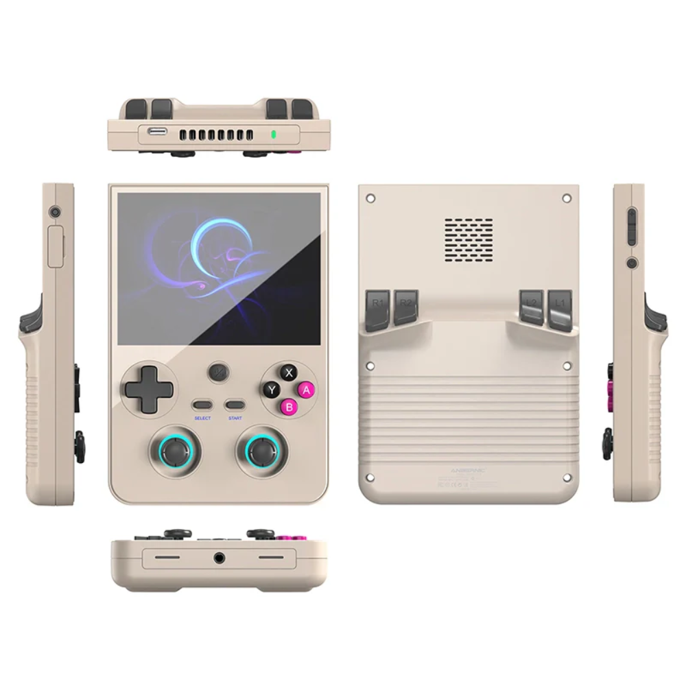 Beige handheld gaming console with multiple views on a white background