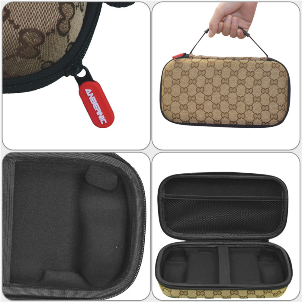 Collage of a patterned carrying case with a handle, open showing interior, and close-up of interior.