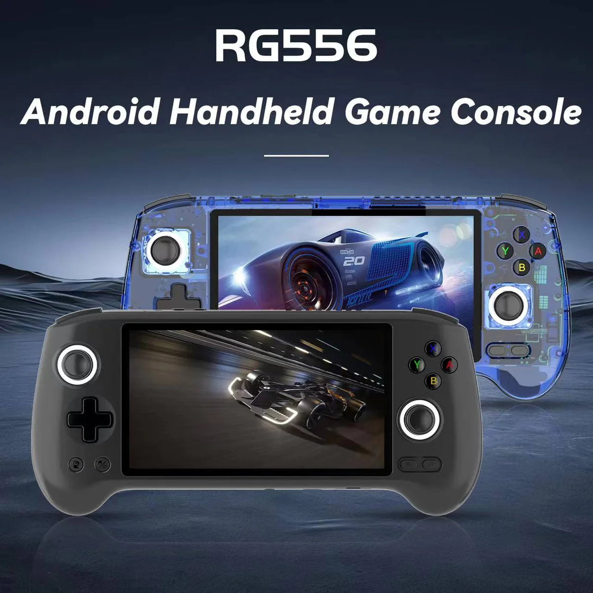RG556 Android Handheld Game Console with two screens displaying game graphics on a dark background.