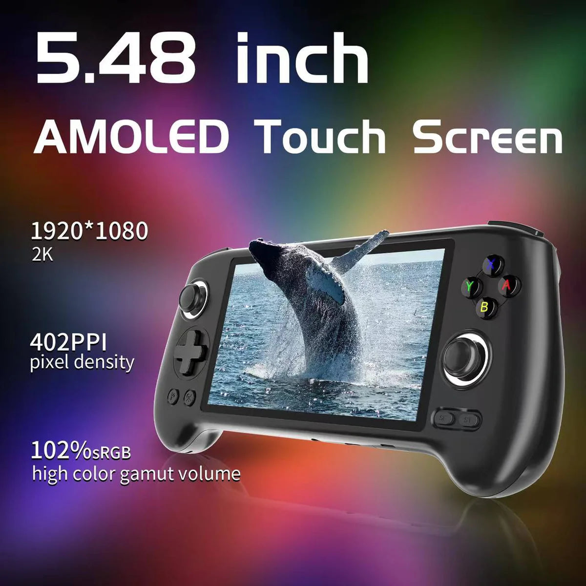 Gaming controller with 5.48-inch AMOLED touch screen on a colorful gradient background