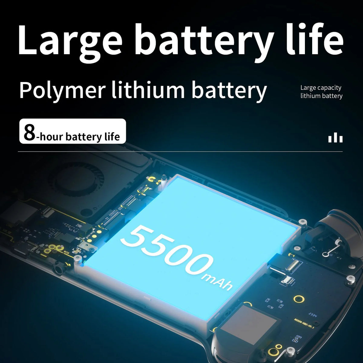 Polymer lithium battery with 5500 mAh capacity and 8-hour battery life on a dark background
