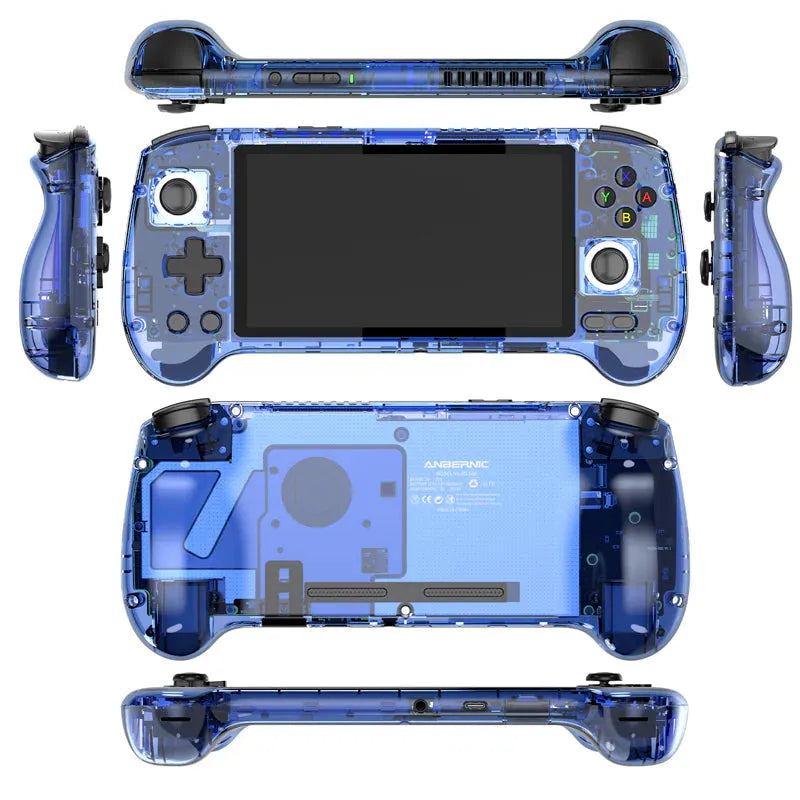 Blue gaming console and controller set on a white background