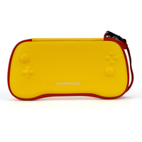 Yellow handheld gaming console case with red accents on a white background