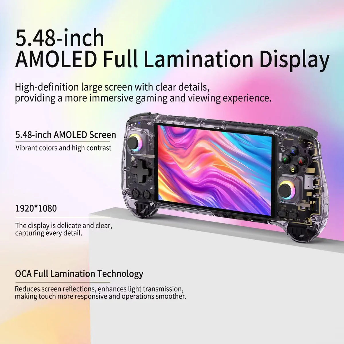 Gaming console with 5.48-inch AMOLED display and text about features
