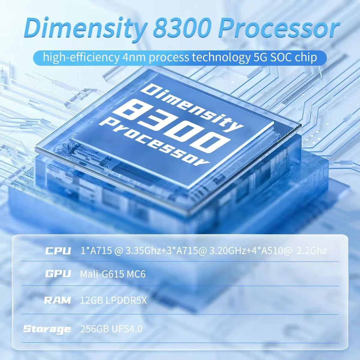 Dimensity 8300 processor with technical specifications on a blue circuit board background