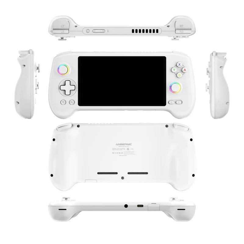 White handheld gaming console with controller on a white background