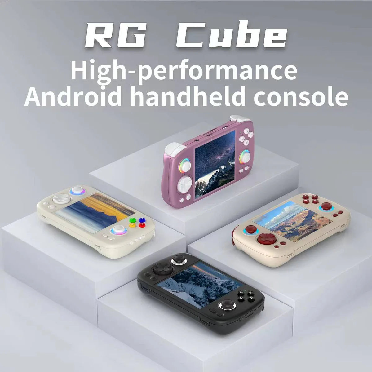 Four RG Cube high-performance Android handheld consoles on a gray background with text.