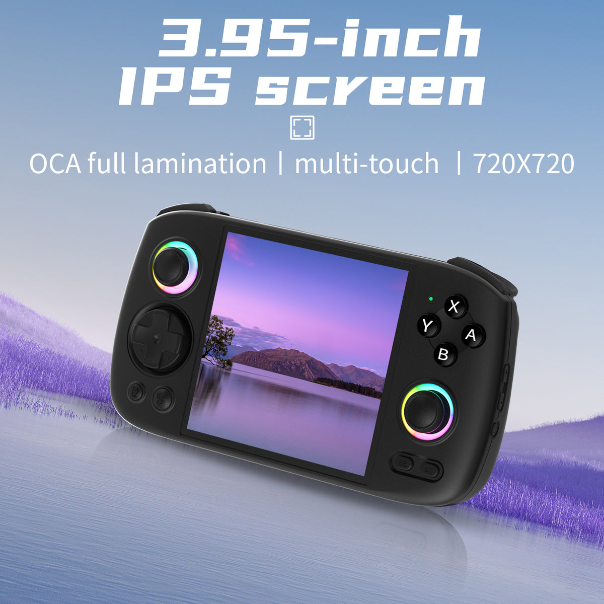 Handheld gaming console with 3.95-inch IPS screen on a blue gradient background