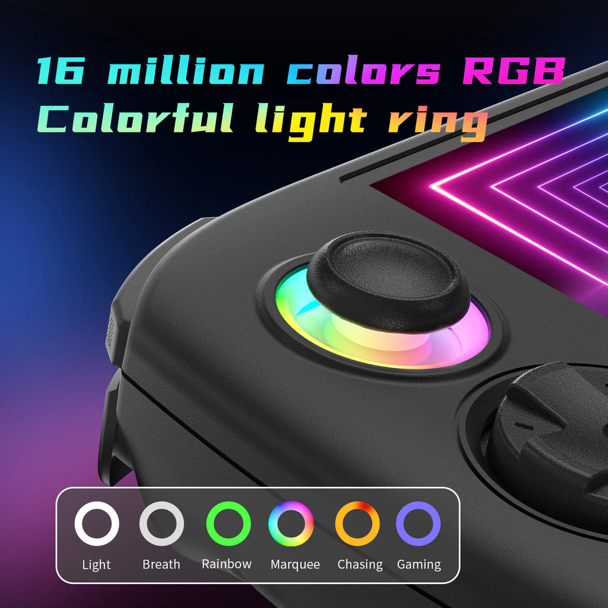 Black electronic device with RGB light ring and color options displayed.