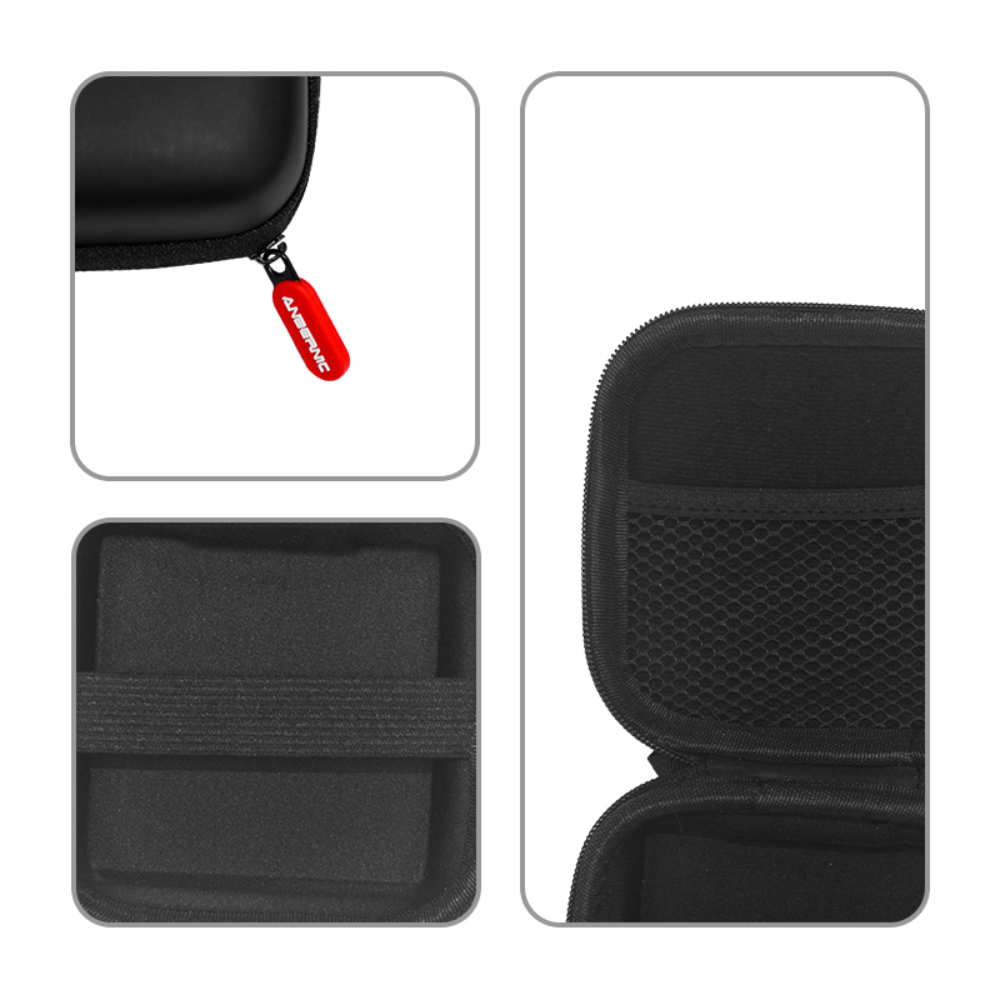 Black travel case with a red zipper pull, showing different angles on a white background.