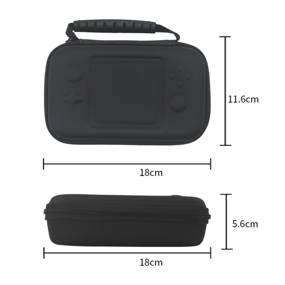 Black carrying case with dimensions labeled on a white background