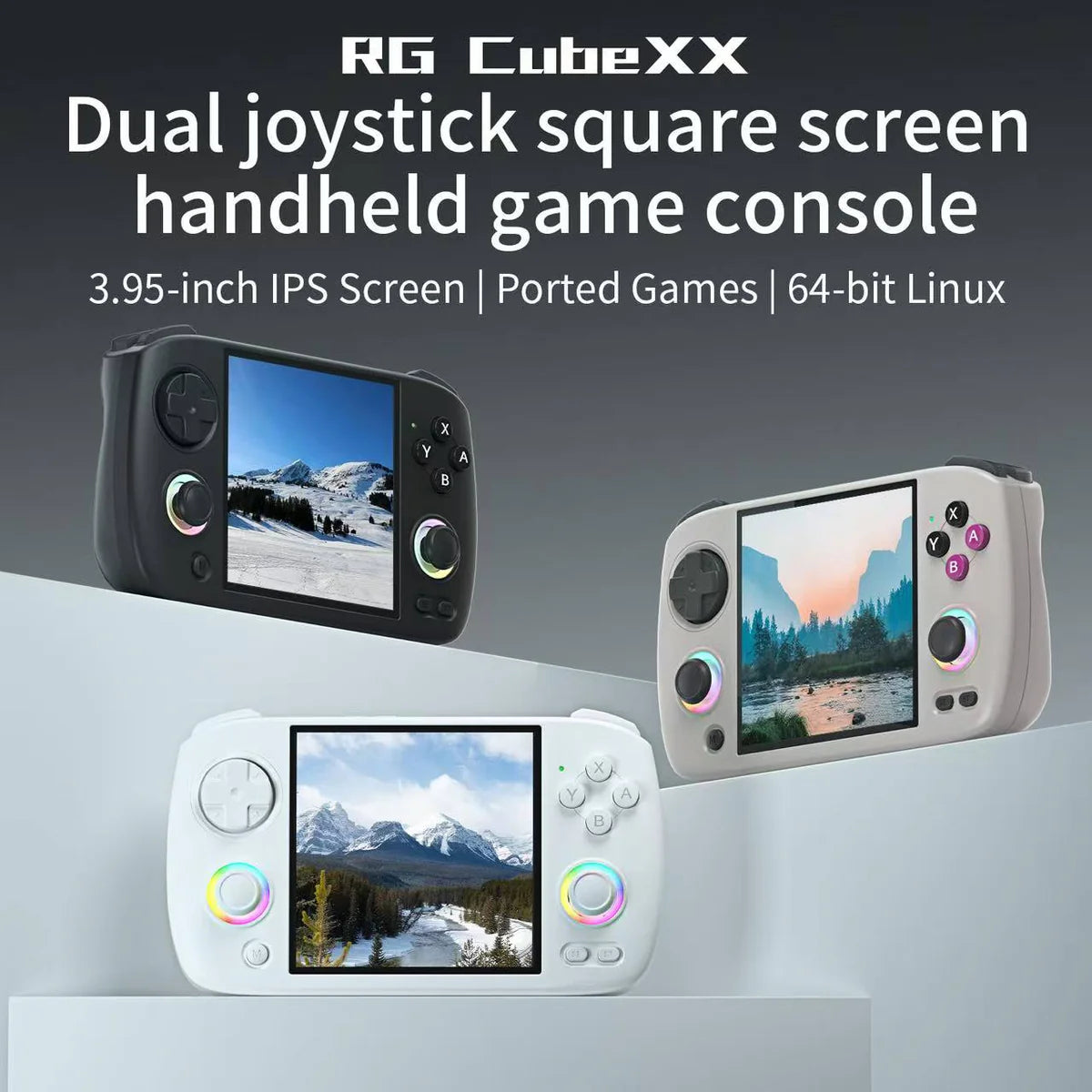 Three handheld game consoles with screens displaying mountain landscapes, branded as RG CubeXX.
