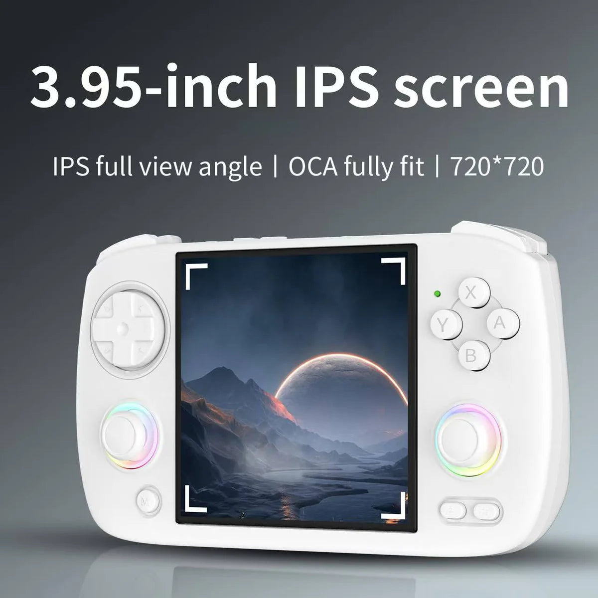 Handheld gaming console with 3.95-inch IPS screen on a dark background