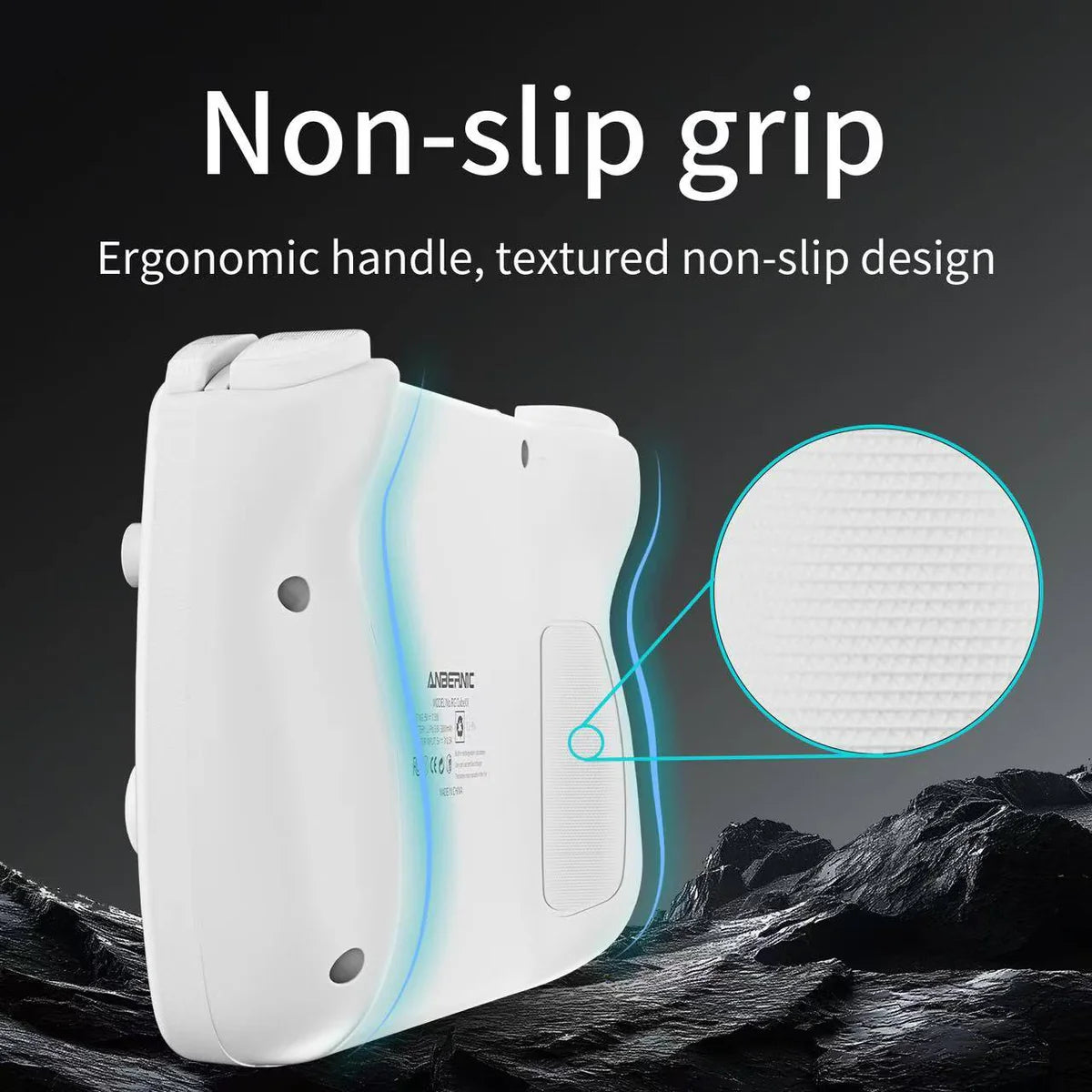 White device with non-slip grip feature on a dark background