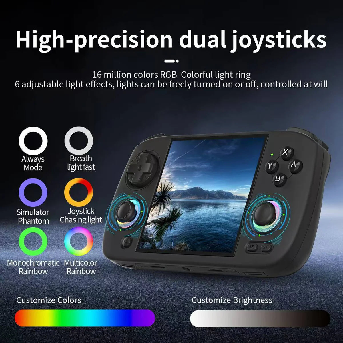 Handheld gaming console with high-precision dual joysticks and RGB lighting effects on a dark background.