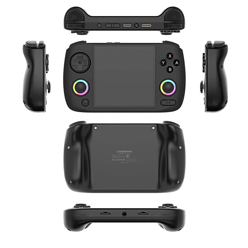 Black handheld gaming console with controller on a white background