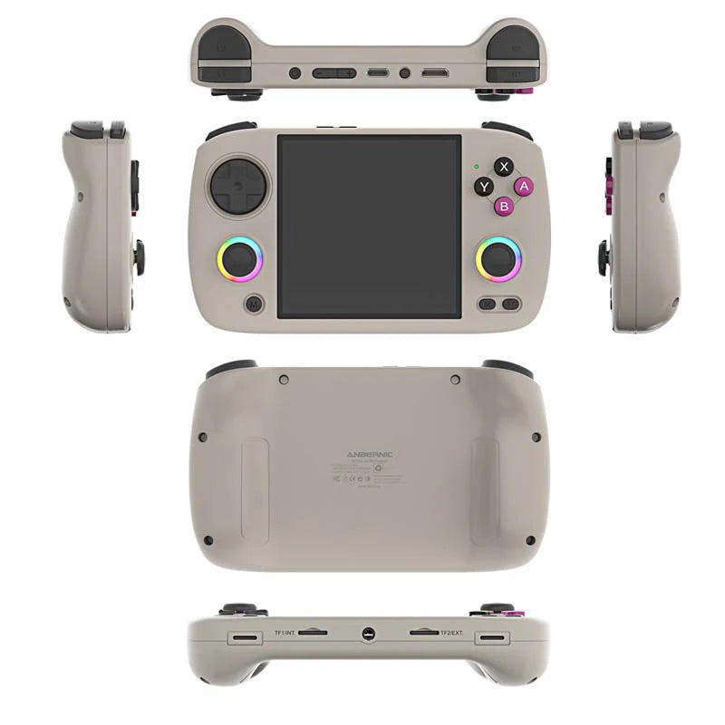 Handheld gaming console with controller on a white background