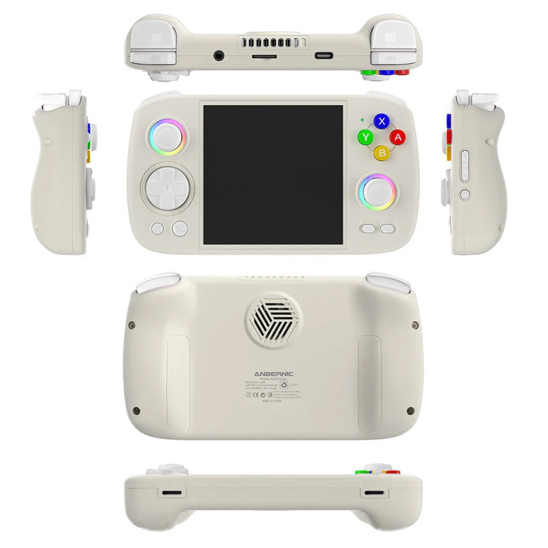 White handheld gaming console with multiple controllers on a white background