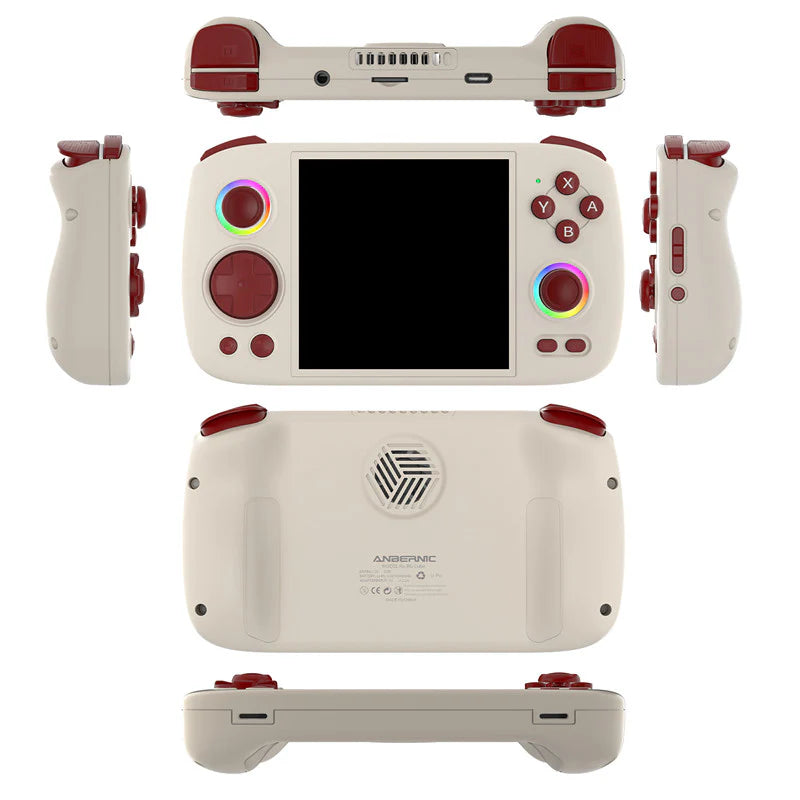 White handheld gaming console with red accents and controller on a white background