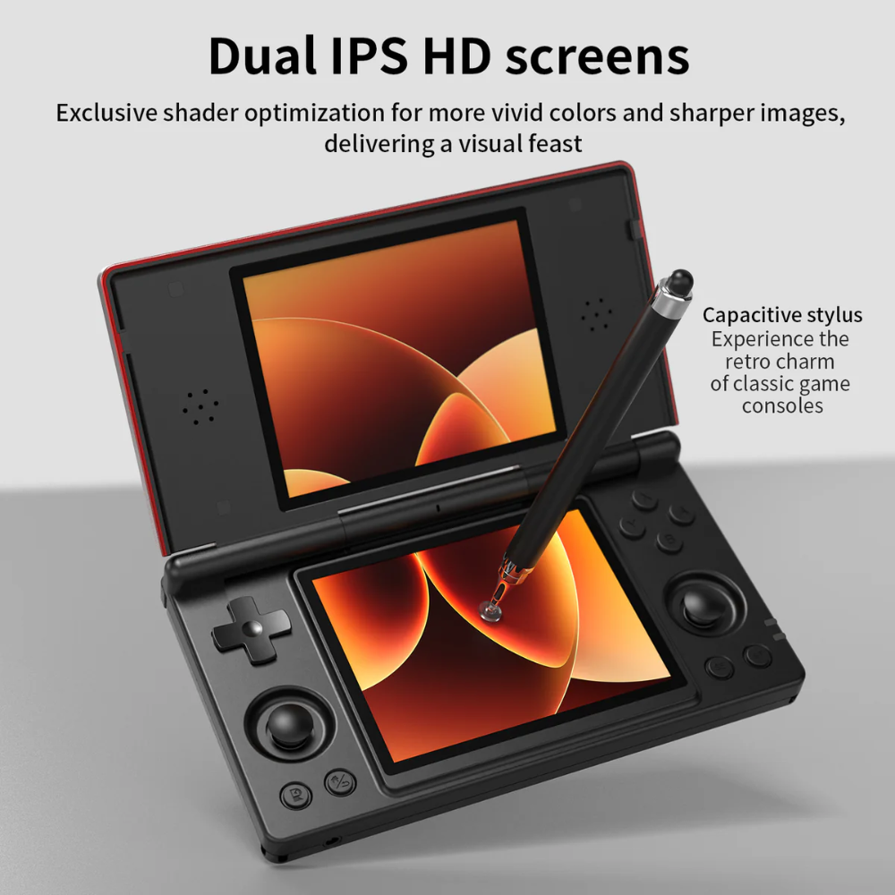Handheld gaming console with dual IPS HD screens and stylus on a light gray background