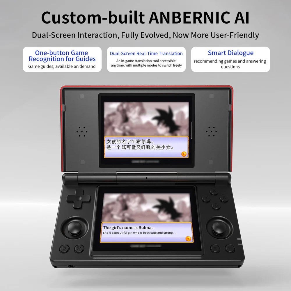 Black handheld device with dual screens displaying text and graphics on a gray background