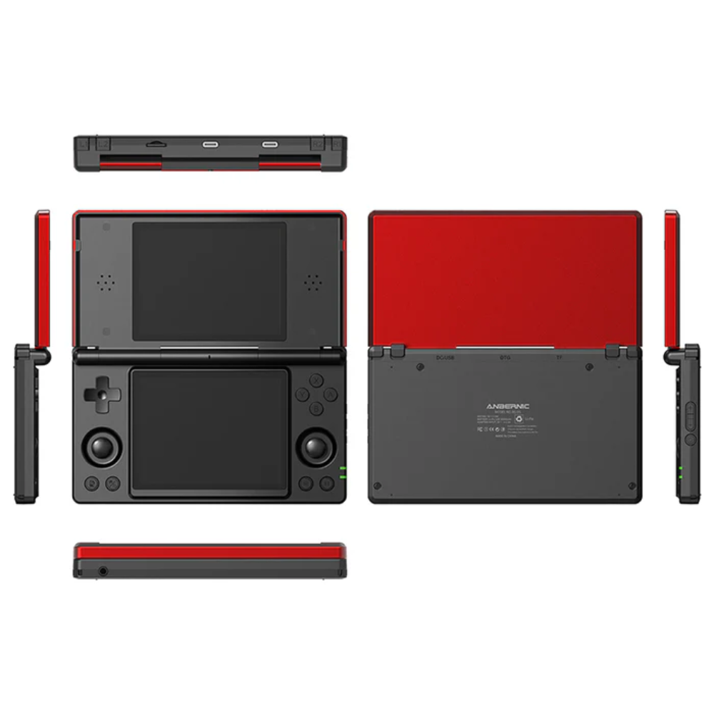Black and red gaming console with multiple views on a white background
