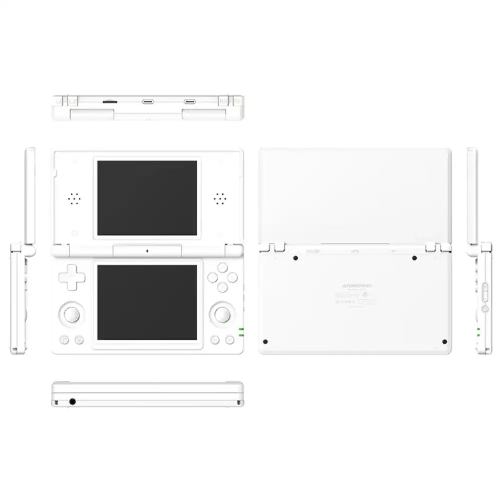 Black and white line drawing of a handheld gaming device with dual screens.