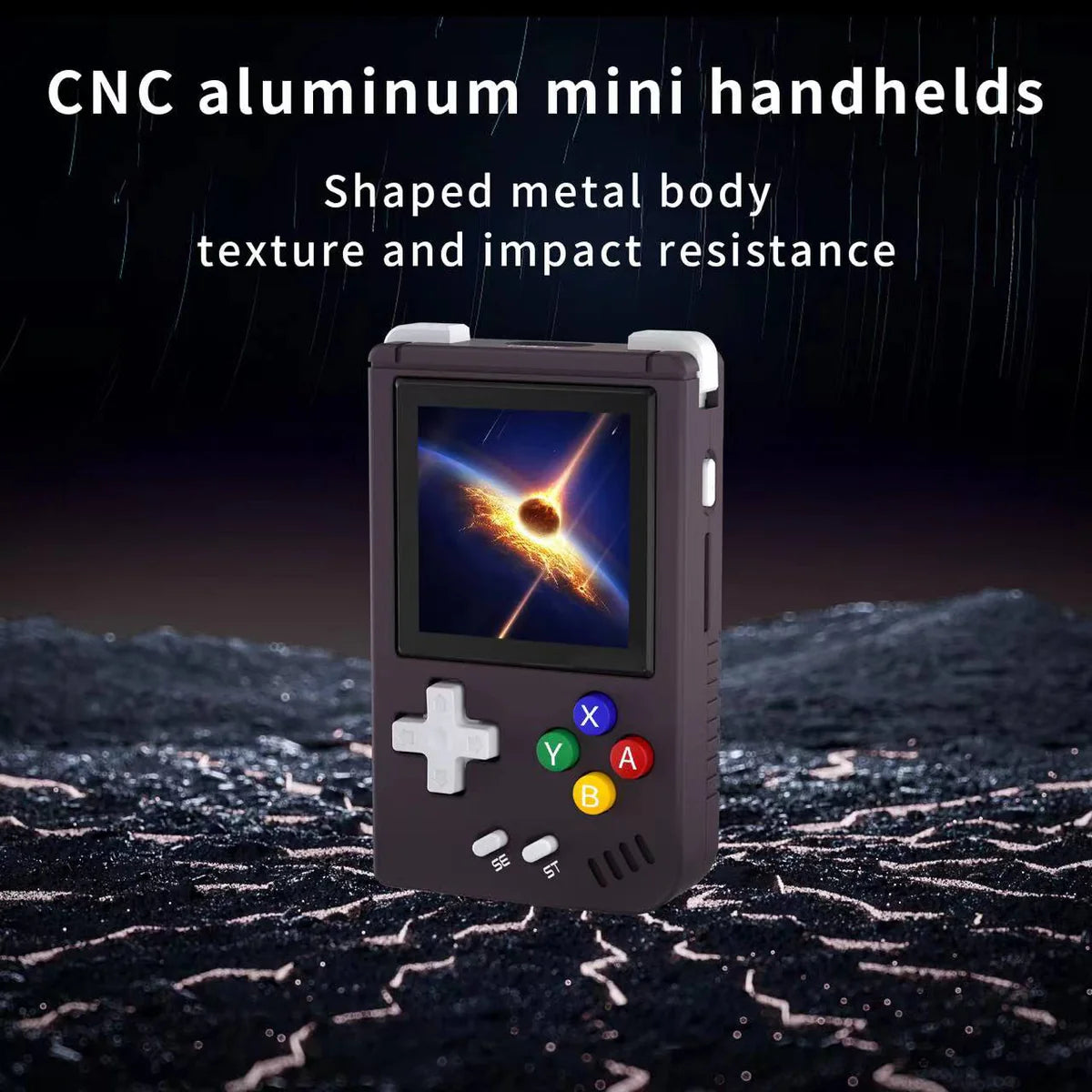 CNC aluminum mini handheld gaming console with space-themed display on a dark background
