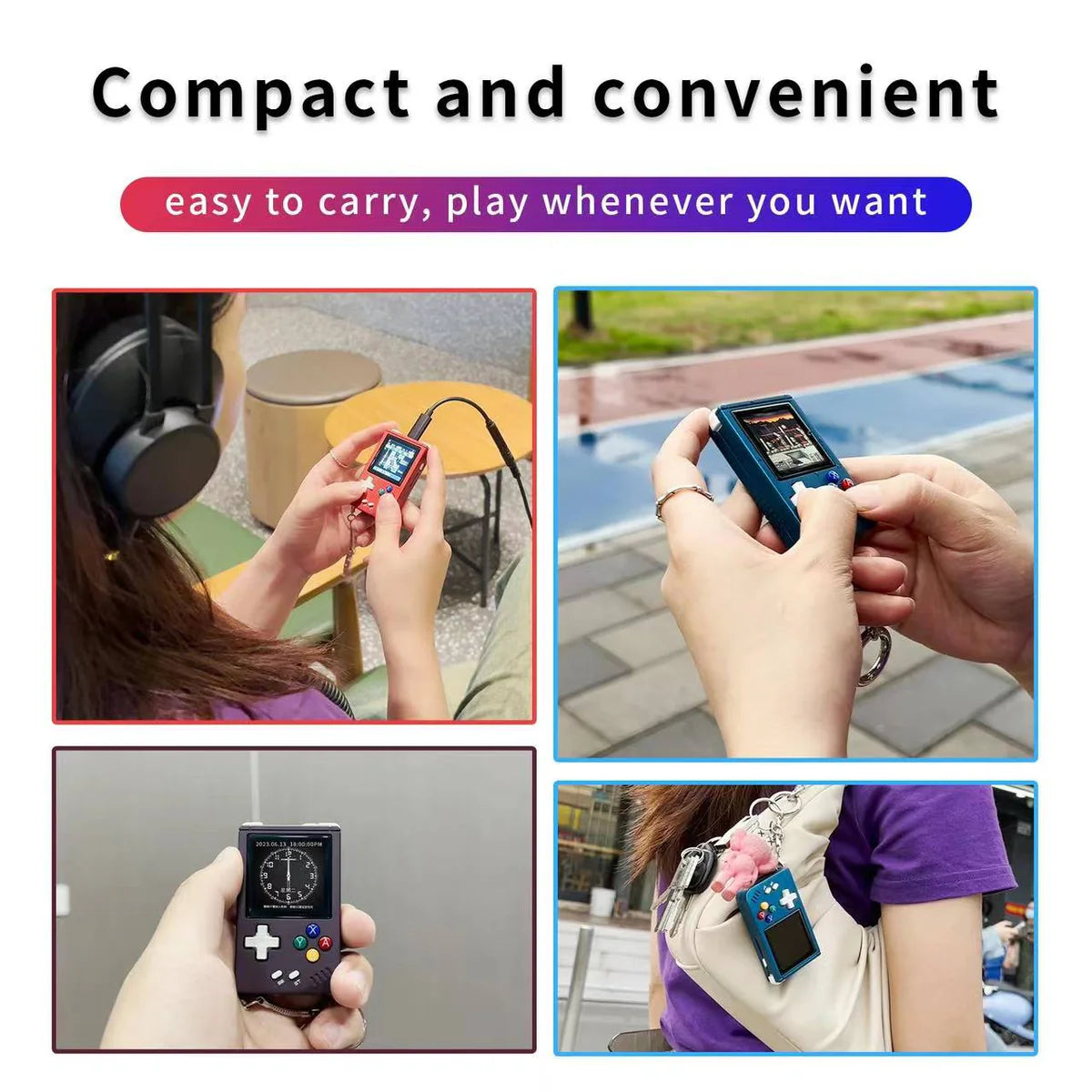 Collage of a portable gaming device being used in various settings with text 'Compact and convenient, easy to carry, play whenever you want'.