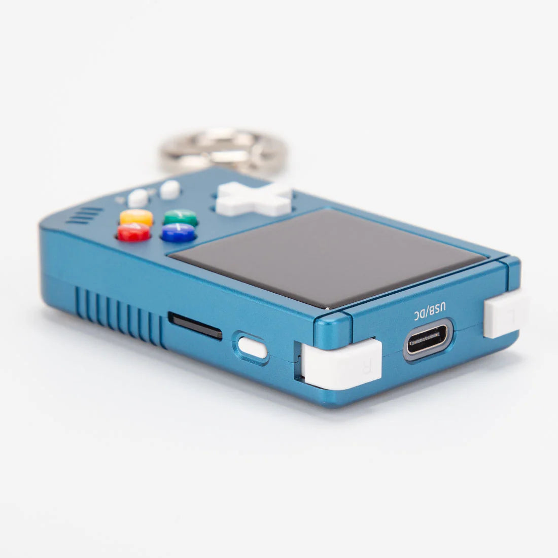 Blue handheld device with screen and buttons on a white background