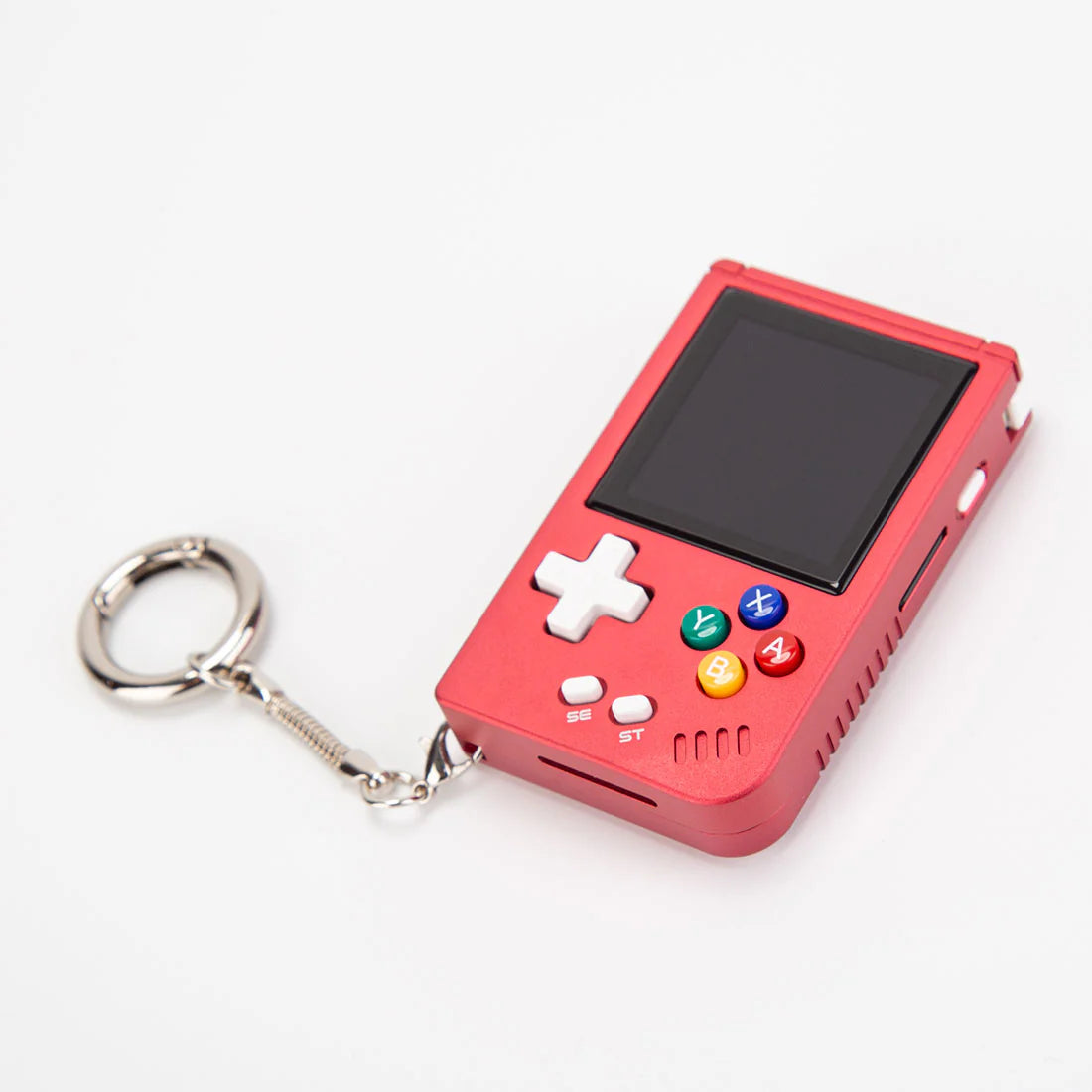 Red handheld gaming console keychain on a white background