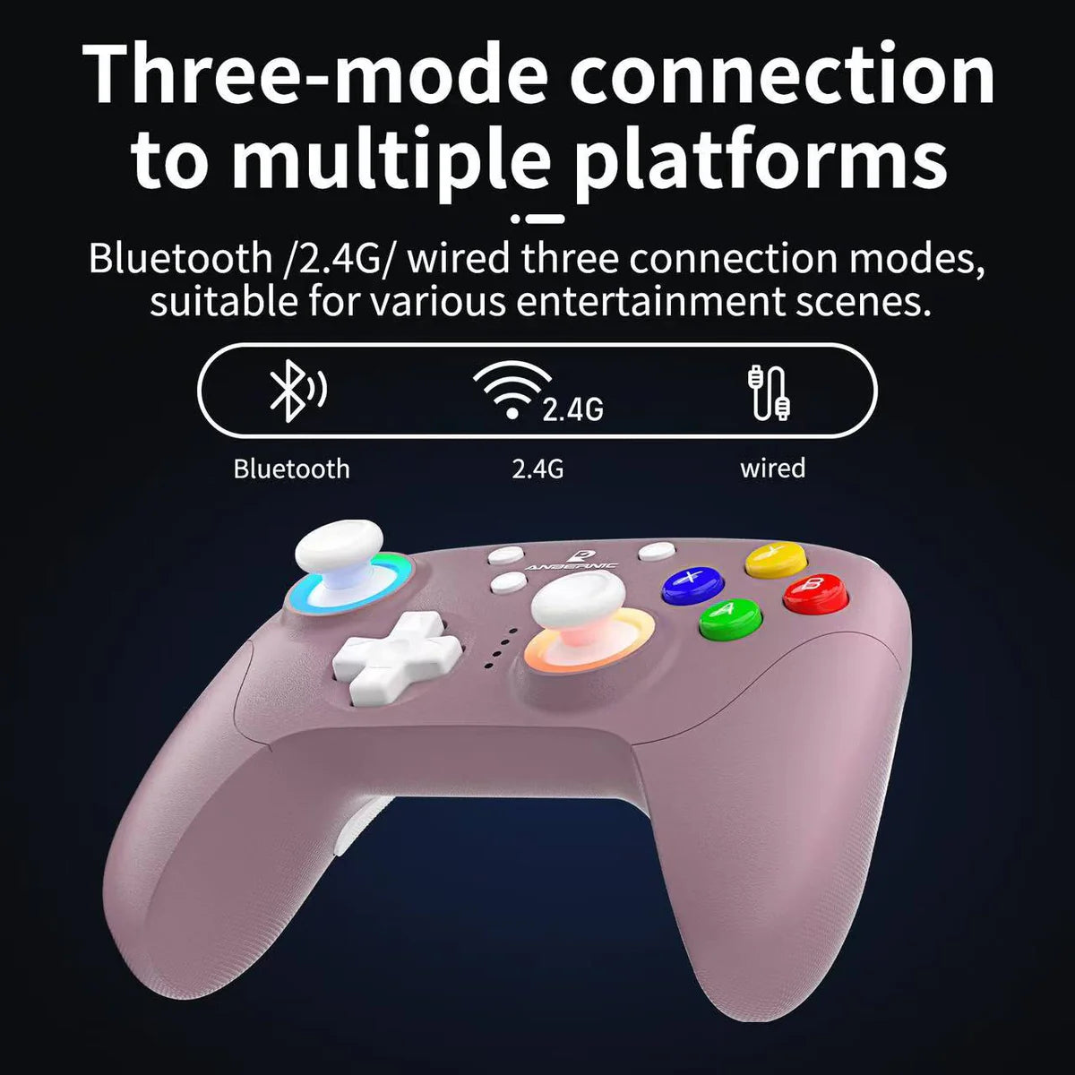 Game controller with Bluetooth, 2.4G, and wired connection modes on a dark background