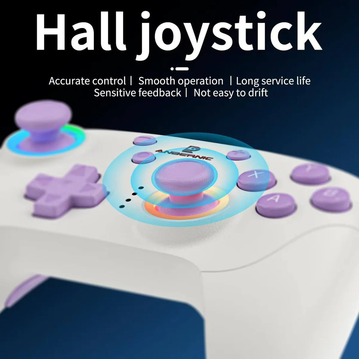Hall joystick controller with purple joystick and buttons on a white background