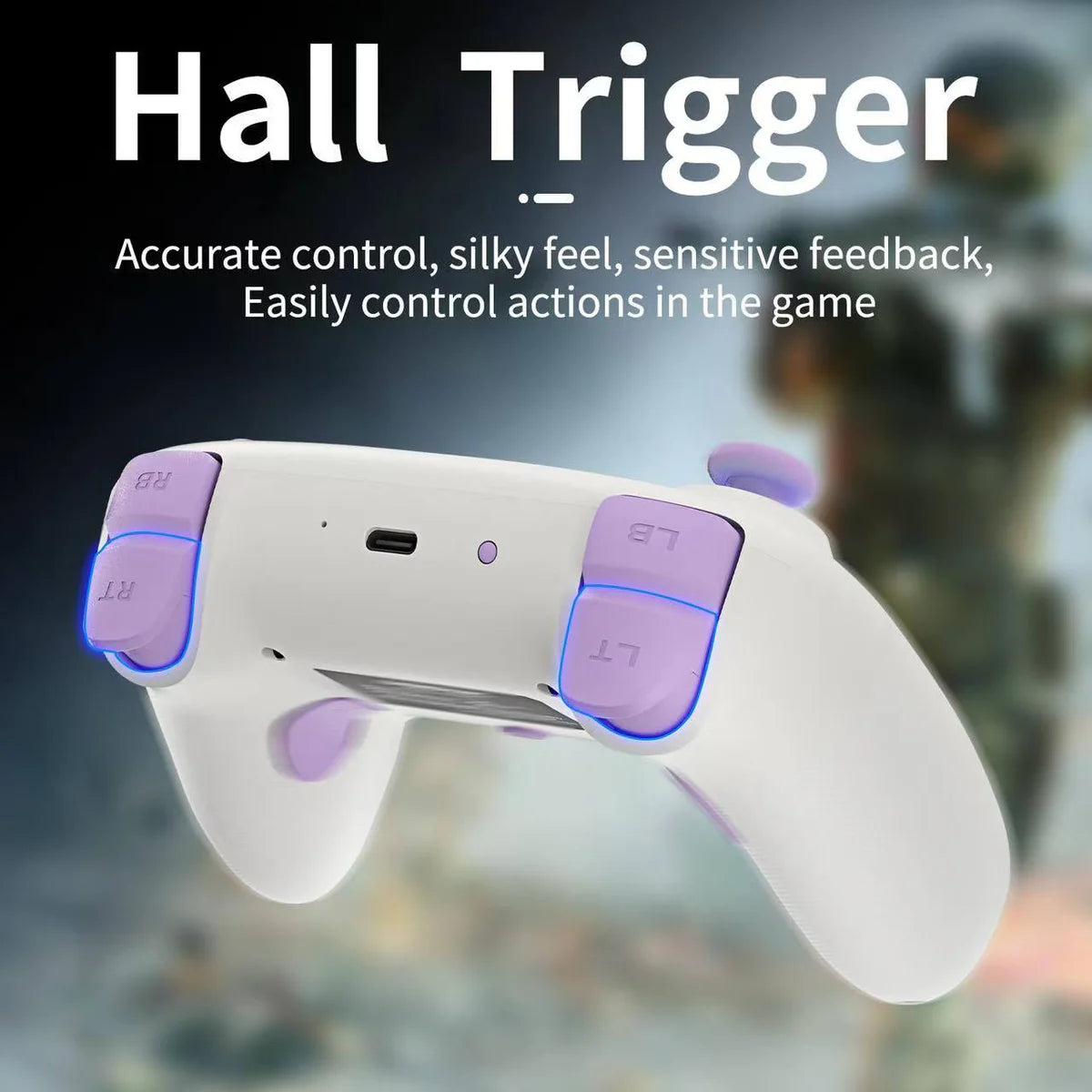 Gaming controller with purple buttons on a blurred background