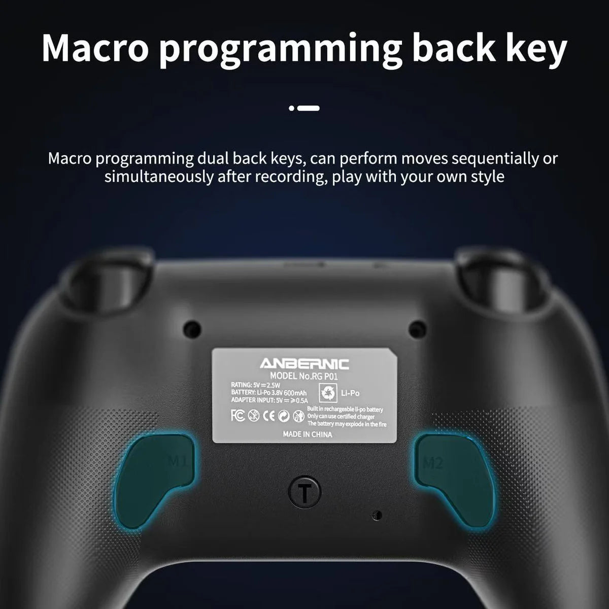 Back view of a gaming controller with macro programming back keys on a dark background