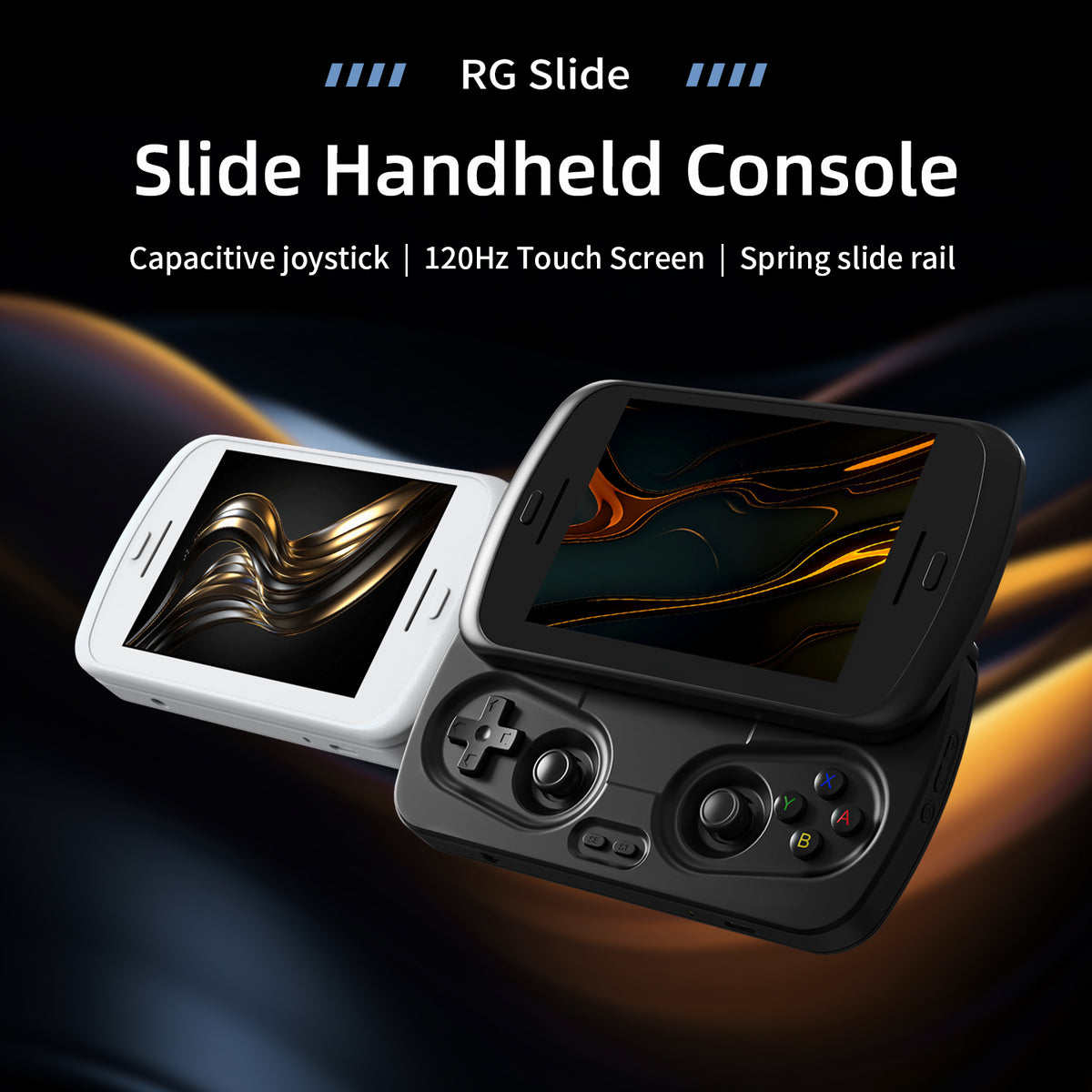 Slide Handheld Console with two models on a dark background