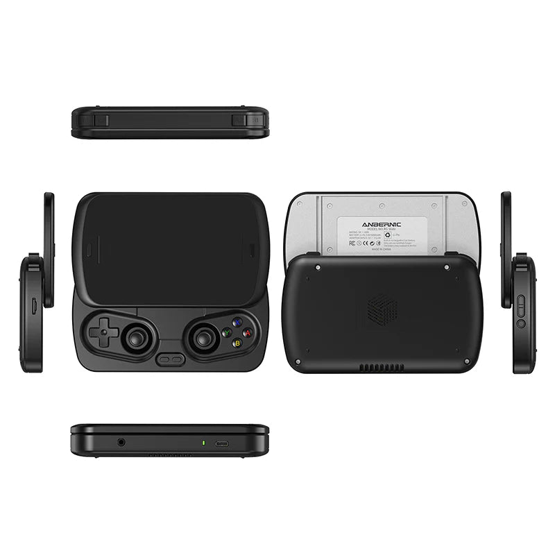 Black handheld gaming console with multiple views on a white background