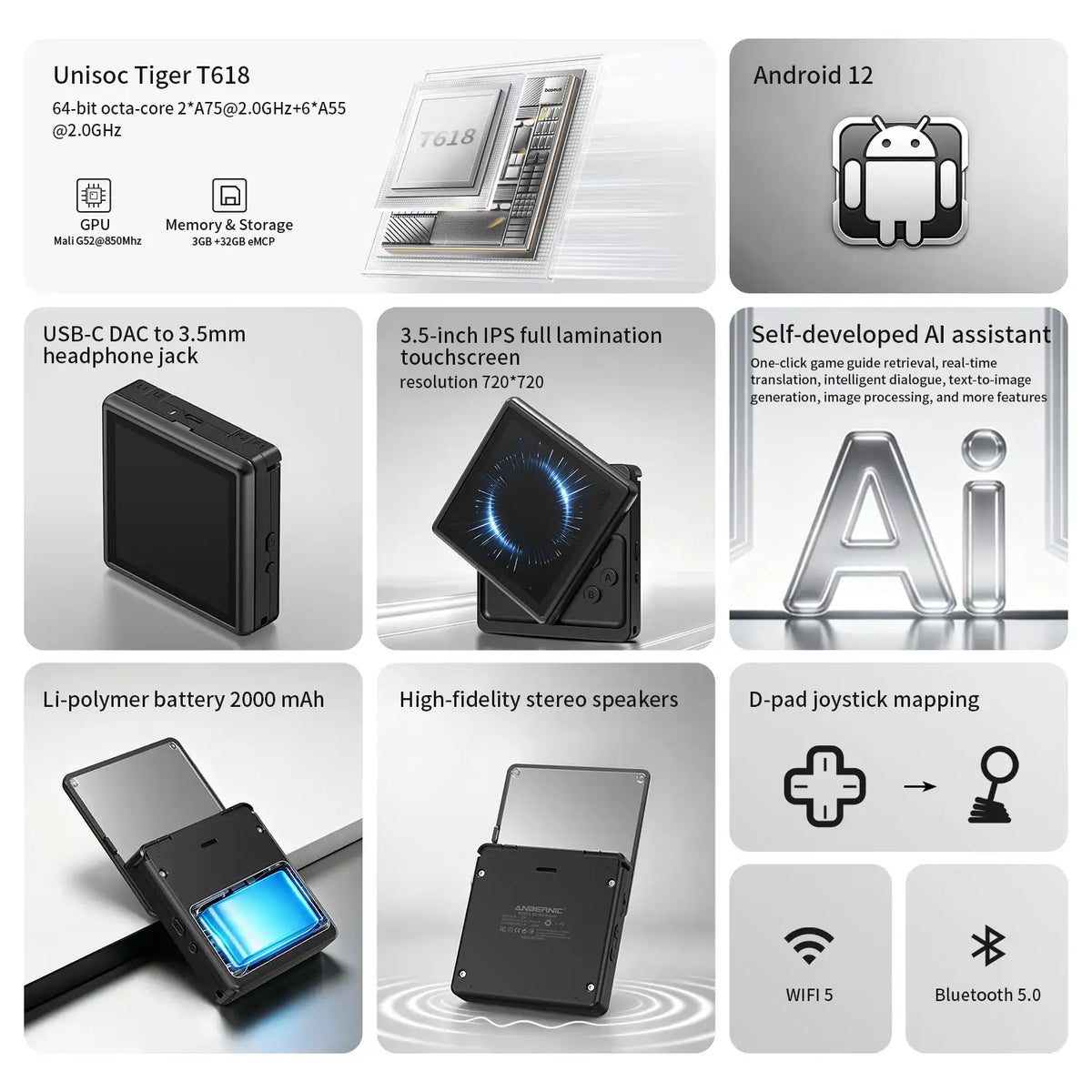 Product features of a device with text and icons on a gray background