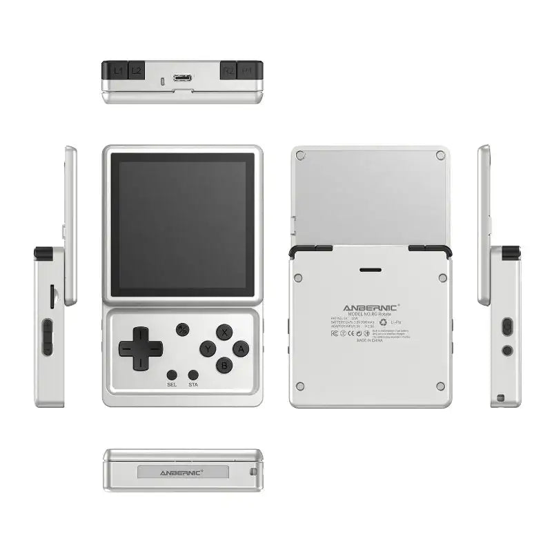 Silver handheld gaming console with multiple views on a white background