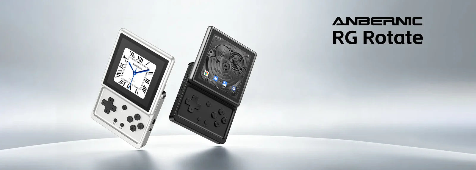 Two ANBERNIC RG Rotate gaming consoles on a light gray background with the brand name displayed.