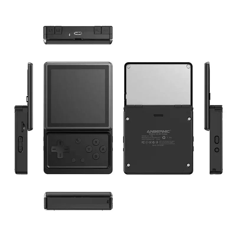 Black handheld gaming console with multiple views on a white background