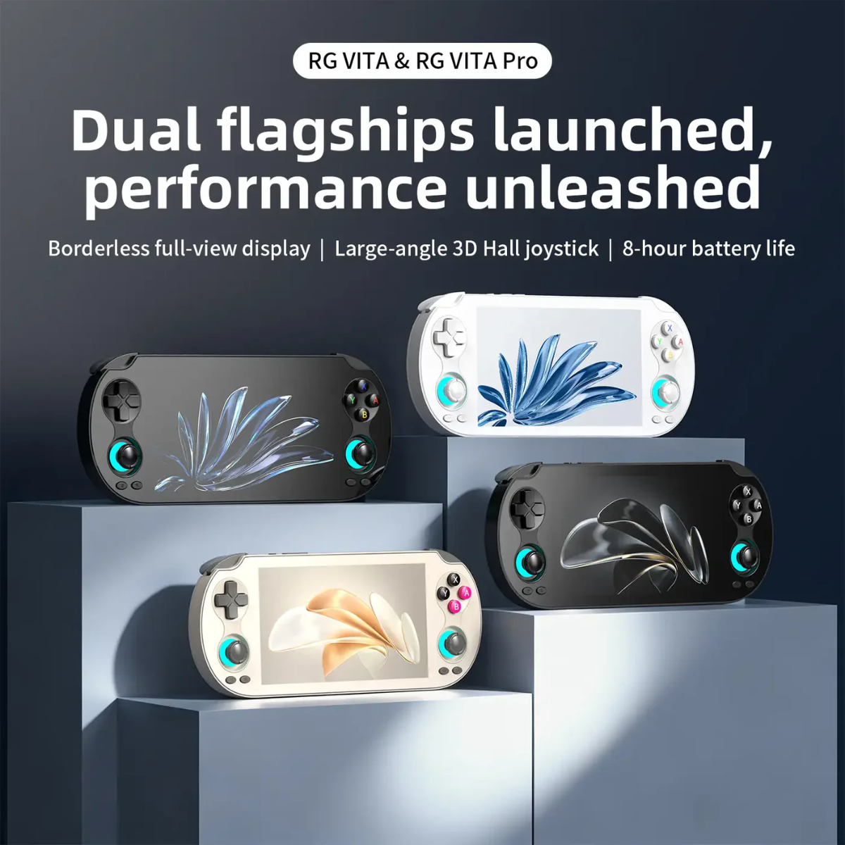 Gaming consoles with 'RG VITA & RG VITA Pro' text on a dark background