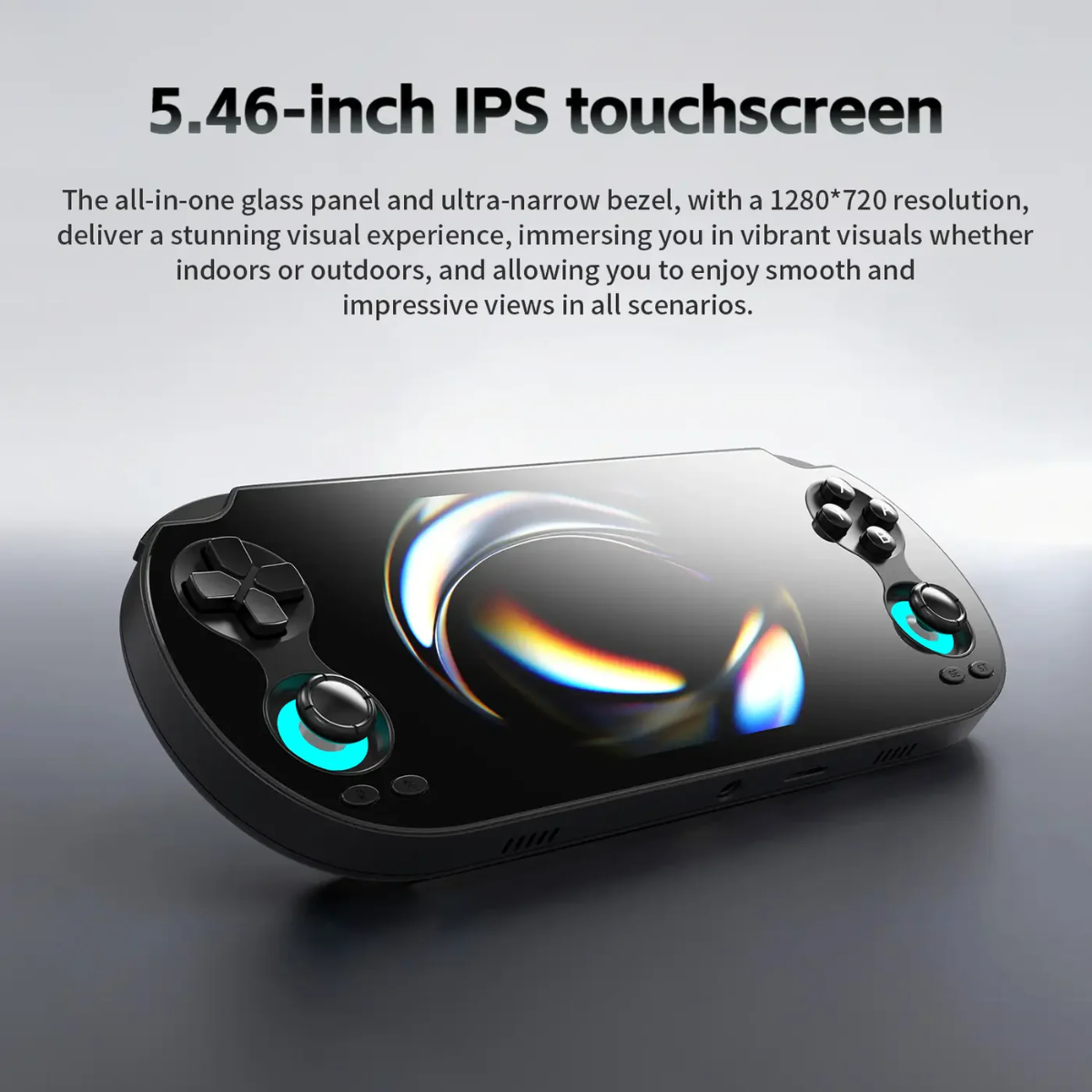 Gaming console with 5.46-inch IPS touchscreen on a gray background