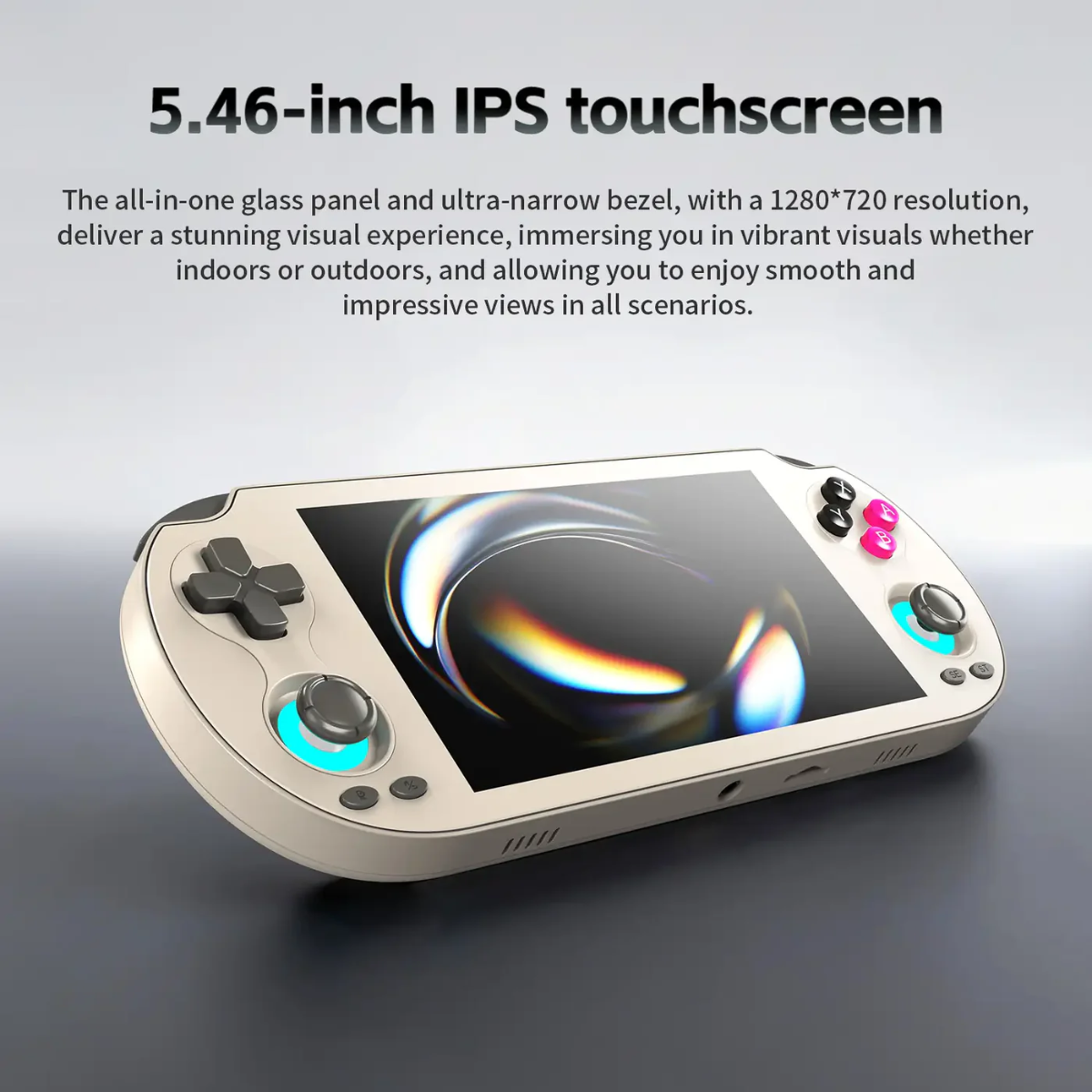 Handheld gaming console with 5.46-inch IPS touchscreen on a dark background