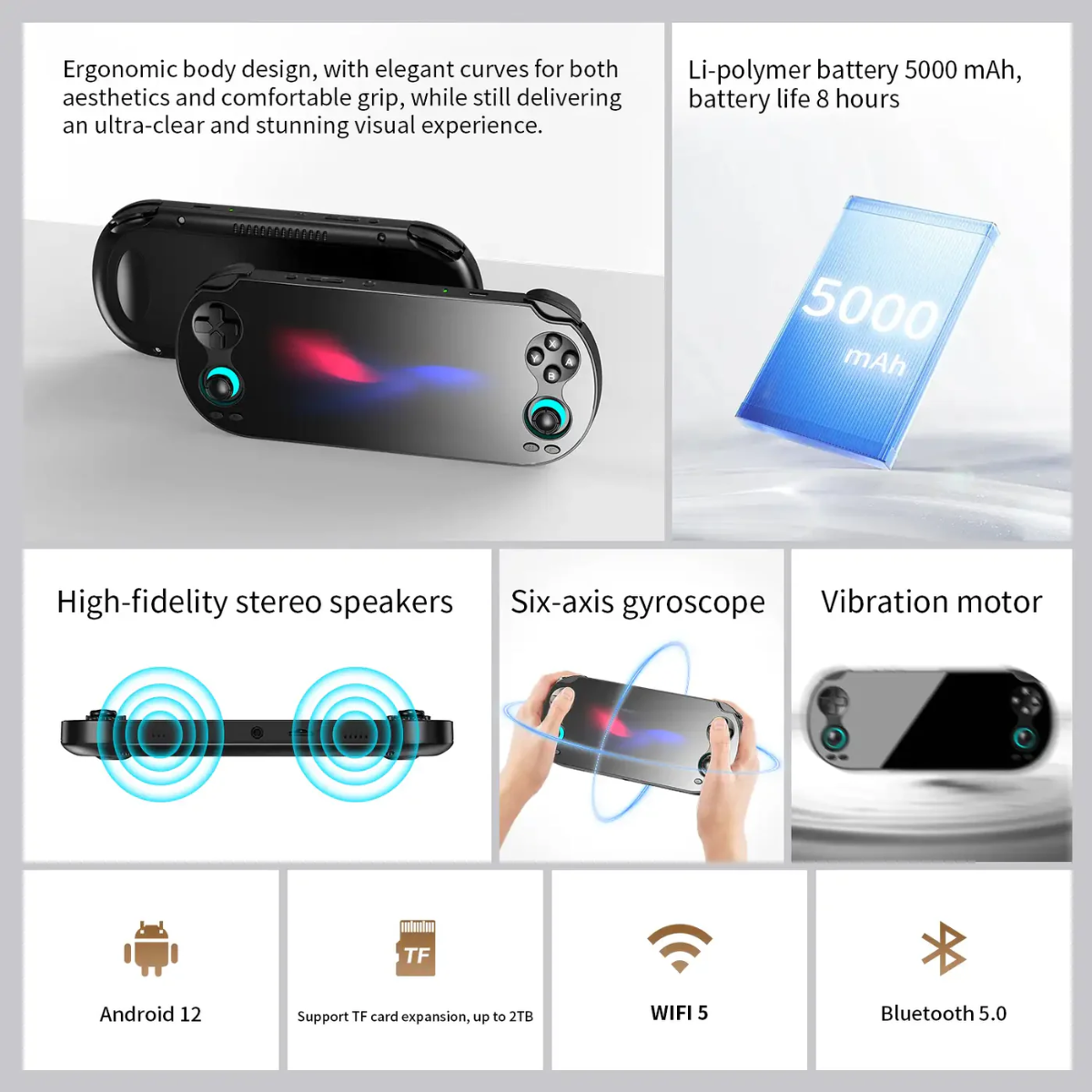 Product features including ergonomic design, battery life, speakers, gyroscope, vibration motor, Android 12, TF card expansion, WiFi 5, and Bluetooth 5.0 on a white background.