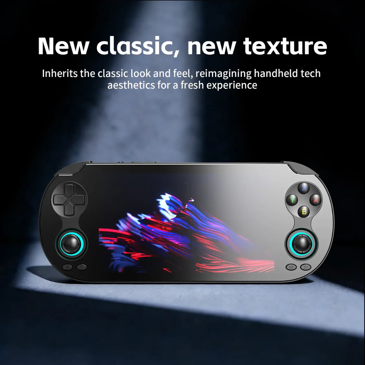 Handheld gaming console with colorful display on a dark background