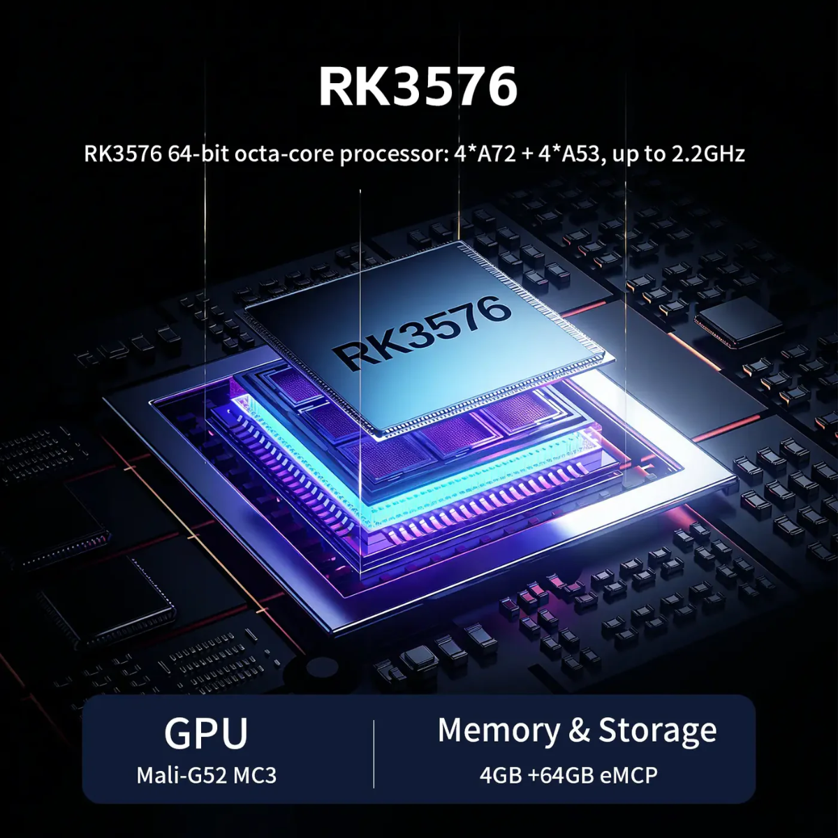 RK3576 processor chip with technical specifications on a dark background