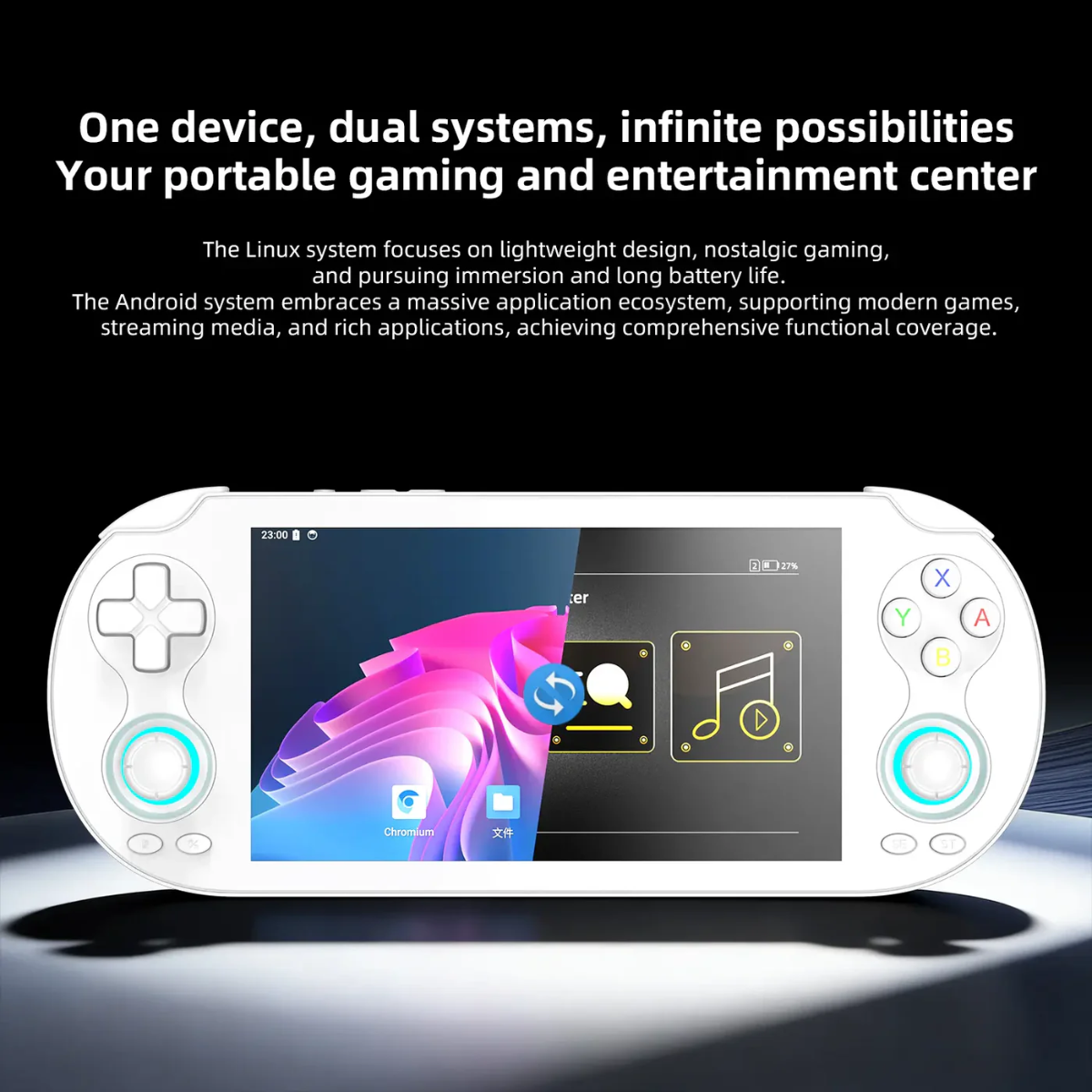 Portable gaming device with screen displaying colorful graphics on a black background