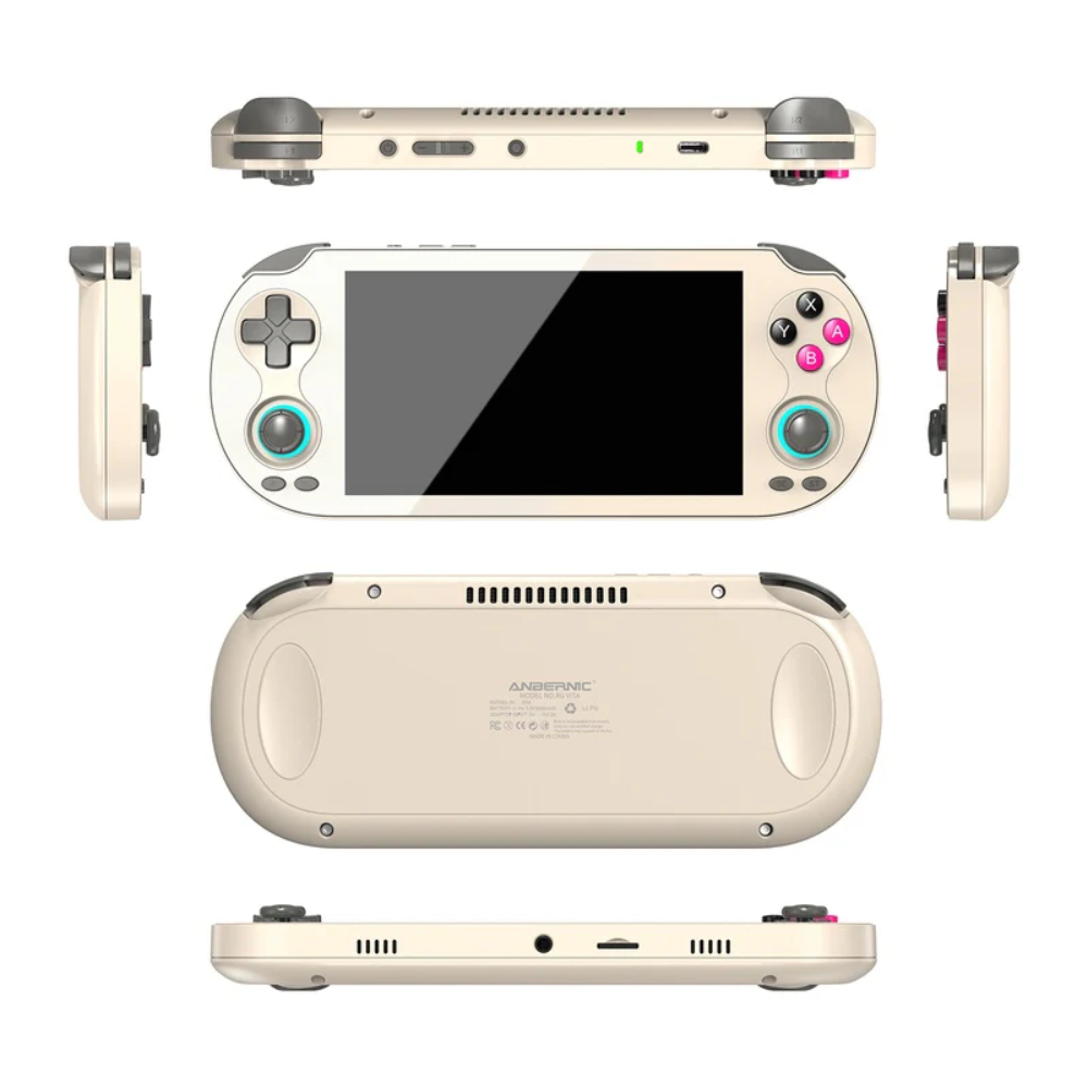 Handheld gaming console with multiple views on a white background